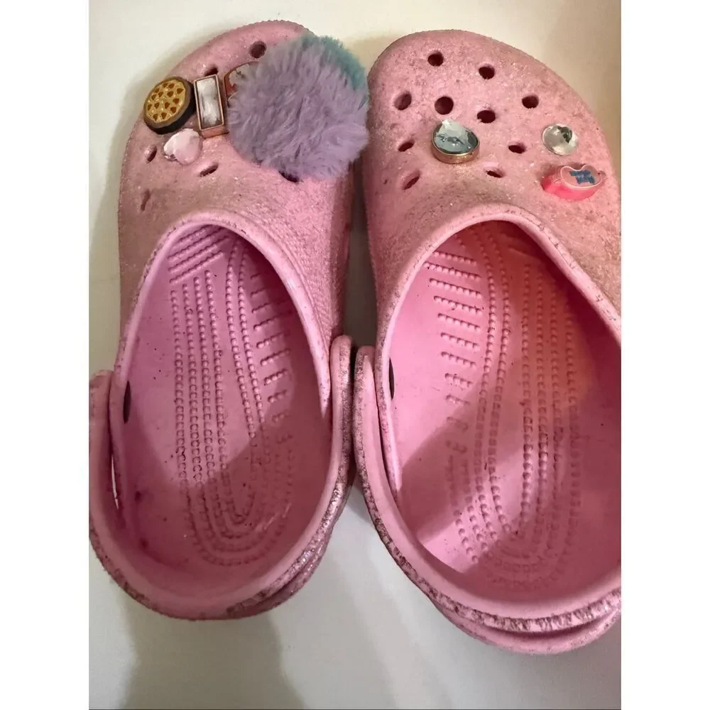 Crocs Girls Glittered Jibbitz Classic Clog Sandals Pink Size 4